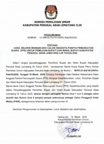 Pengumuman Hasil Seleksi Wawancara Calon Anggota Panitia Pemungutan Suara (PPS) Untuk Pemilihan Bupati dan wakil Bupati kabupaten PALI Tahun 2020