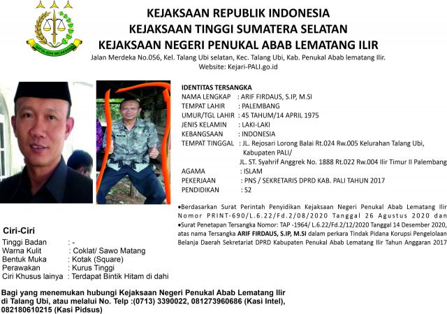 Buronan Kasus Korupsi, Mantan Sekwan PALI Akhirnya Berhasil ditangkap di Pulau Jawa
