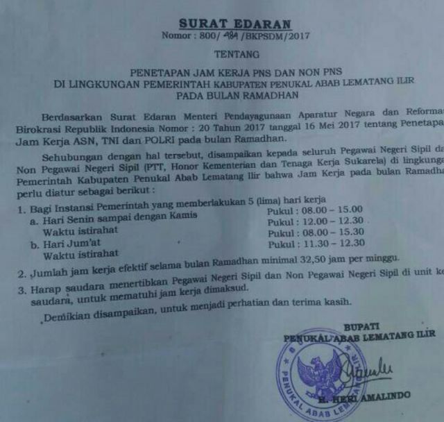 Selama Ramadhan, ini Jam Kerja Pegawai di PALI