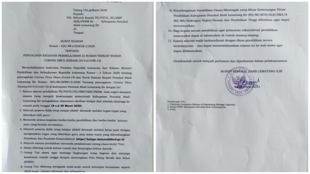 Pelajar di PALI Resmi dirumahkan, Begini Isi Surat Edaran Bupati