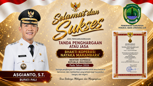 Bupati PALI Asgianto Raih Penghargaan Bakti Koperasi Nayaka Mahambara pada Koperasi Awards 2026
